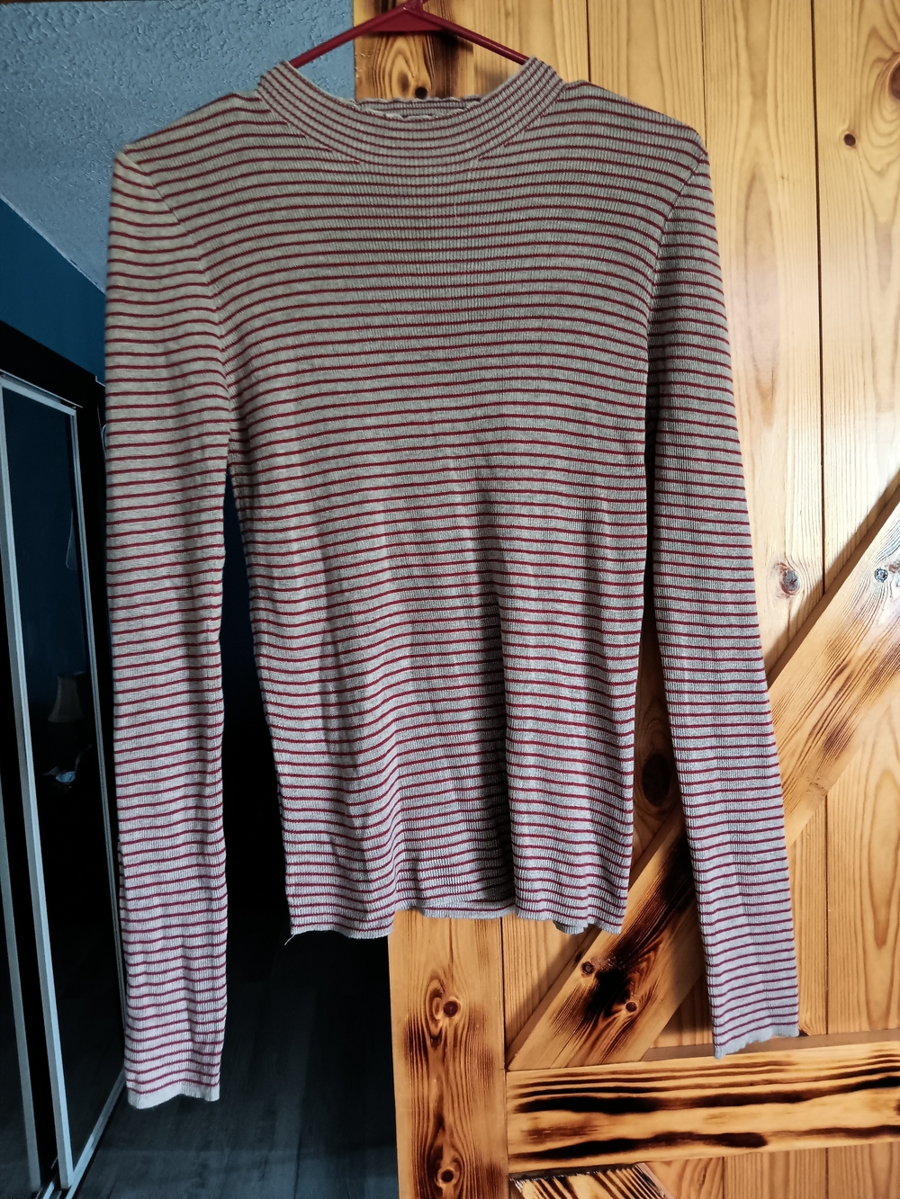 By Together Beige & Burgundy Striped Cowlneck Sweater